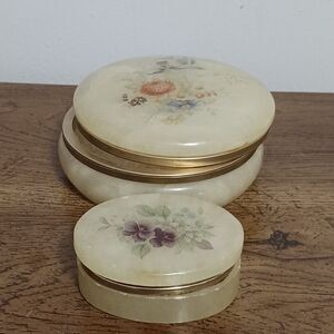 alabaster Trinket jewelBox Pair powder jar set READ